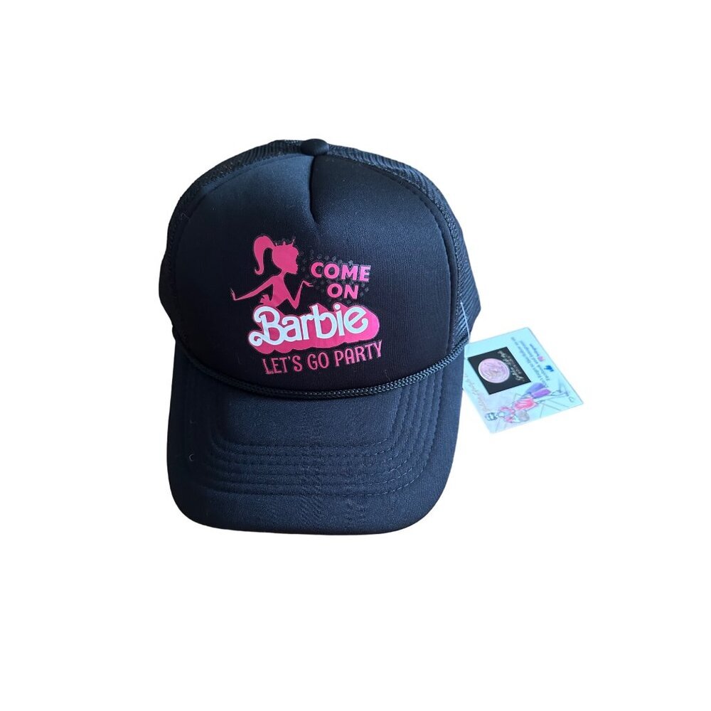 Barbie Come on "Lets Go Party"Black Pink Mesh-Back Trucker Hat Bimbo Trashy Y2K